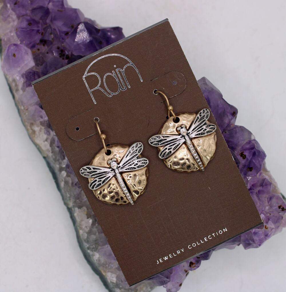 Rain Silver and Gold Tone Dragonfly Drop Earrings